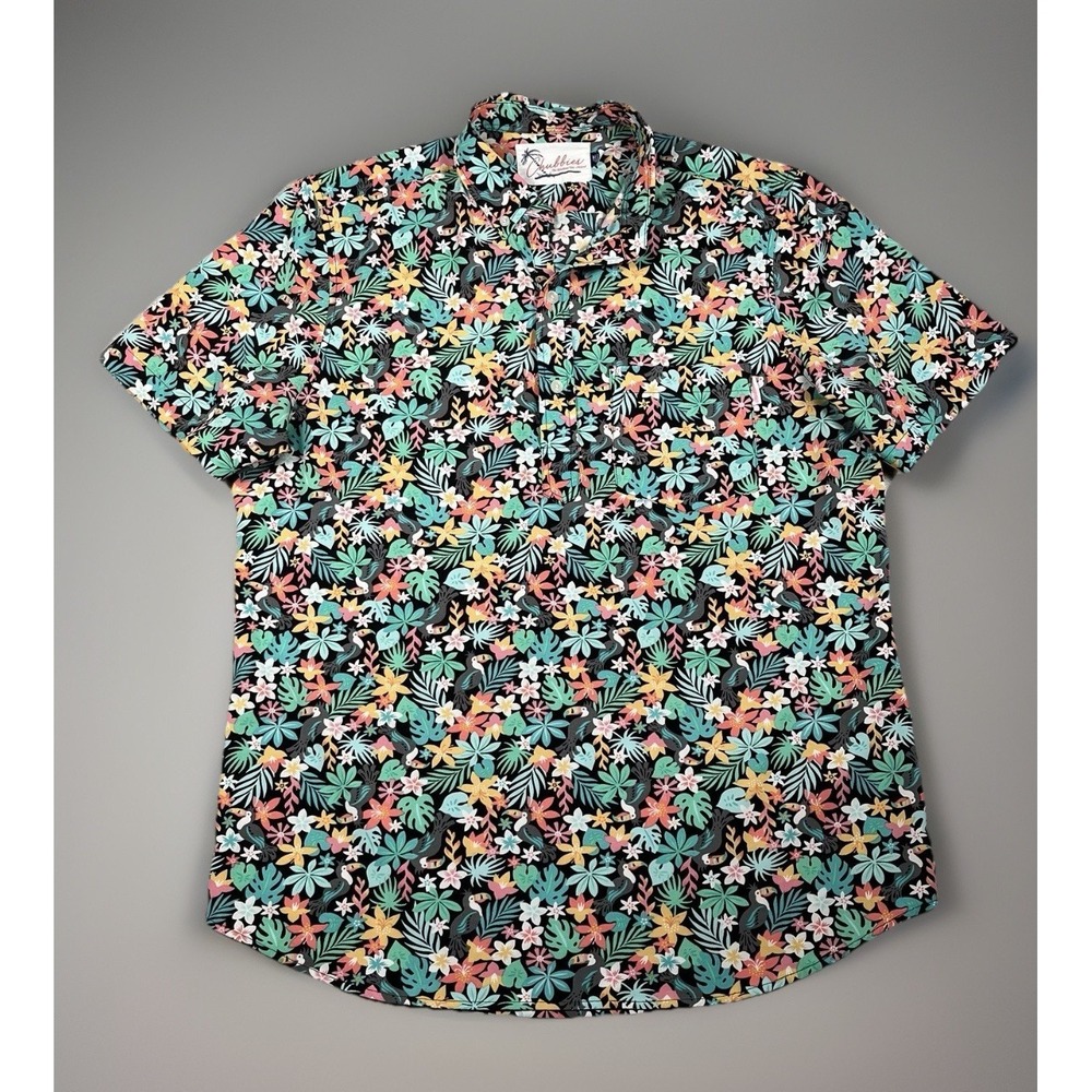 Chubbies Pullover Collared Shirt Men M Floral Toucan Parrot 1/4 Button Stretch